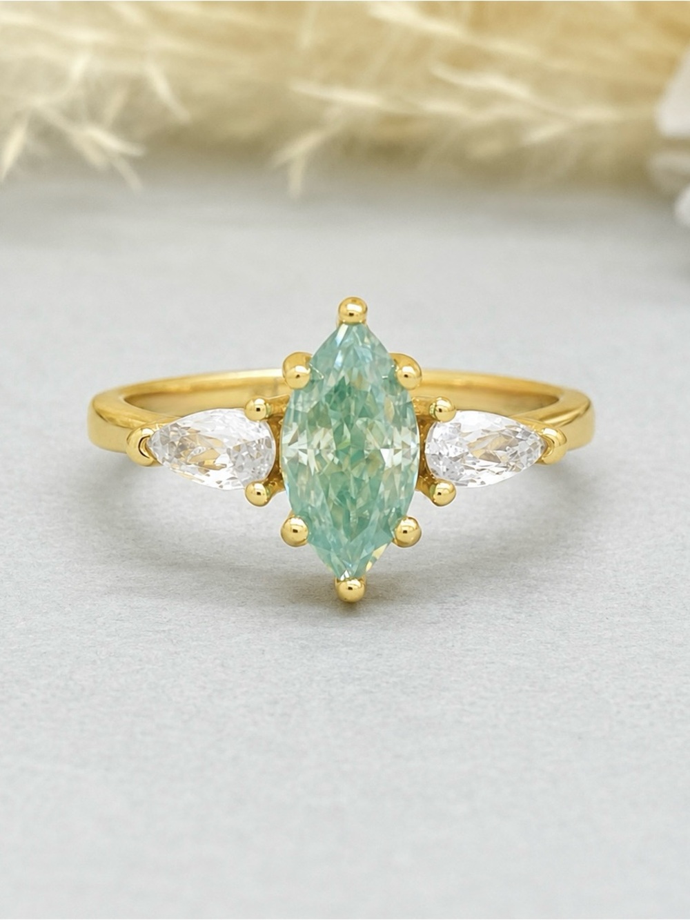 Yellow Gold Light Blue Marquise Moissanite Pear CZ 3 Stone Sterling Silver Ring